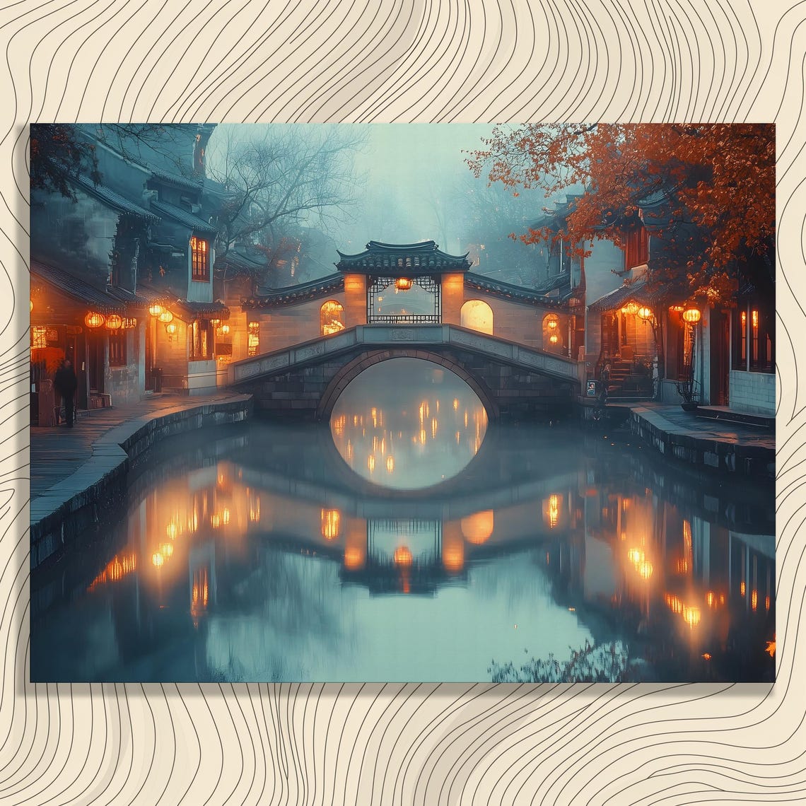 Chinese Water Town Stone Bridge Lanterns Misty Dusk Reflection Poster