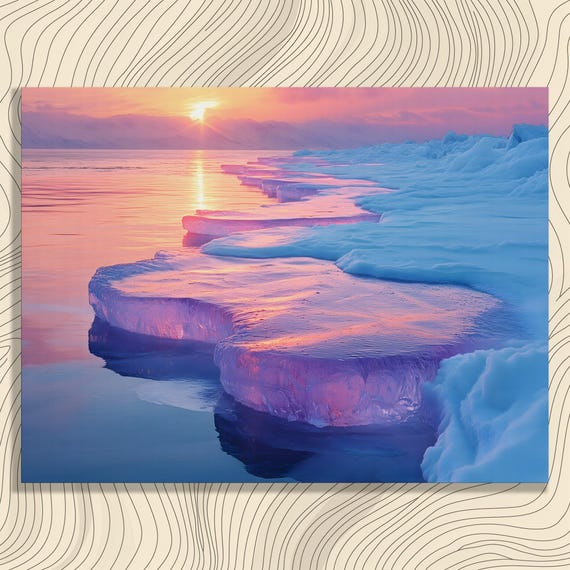 Serene Sunset Icy Canvas Wall Art Vibrant Frozen Lake Reflection Print Colorful Impressionism Landscape Nature Decor Watercolor