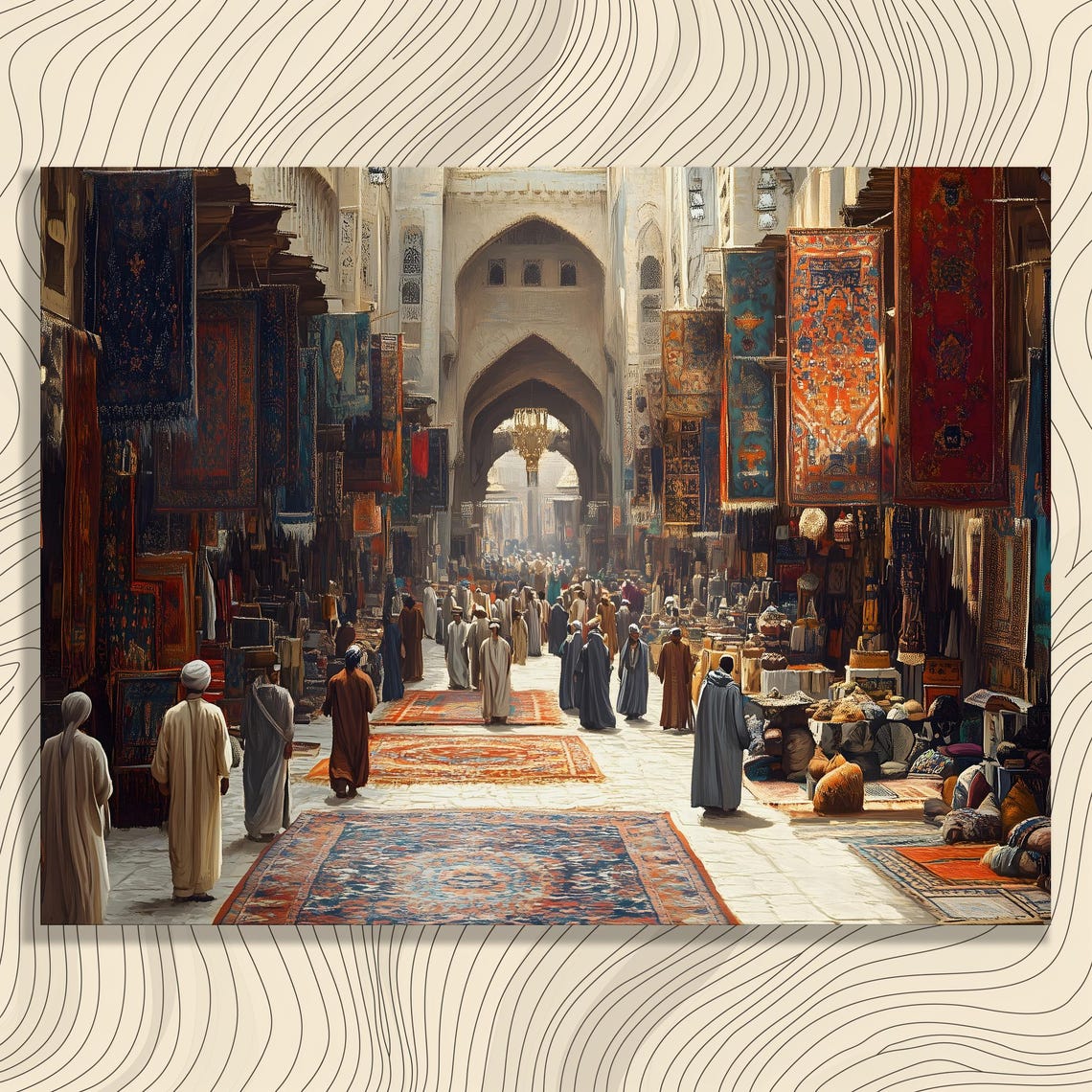 Vintage Moroccan Bazaar Carpet Souk Street Scene Painting Poster