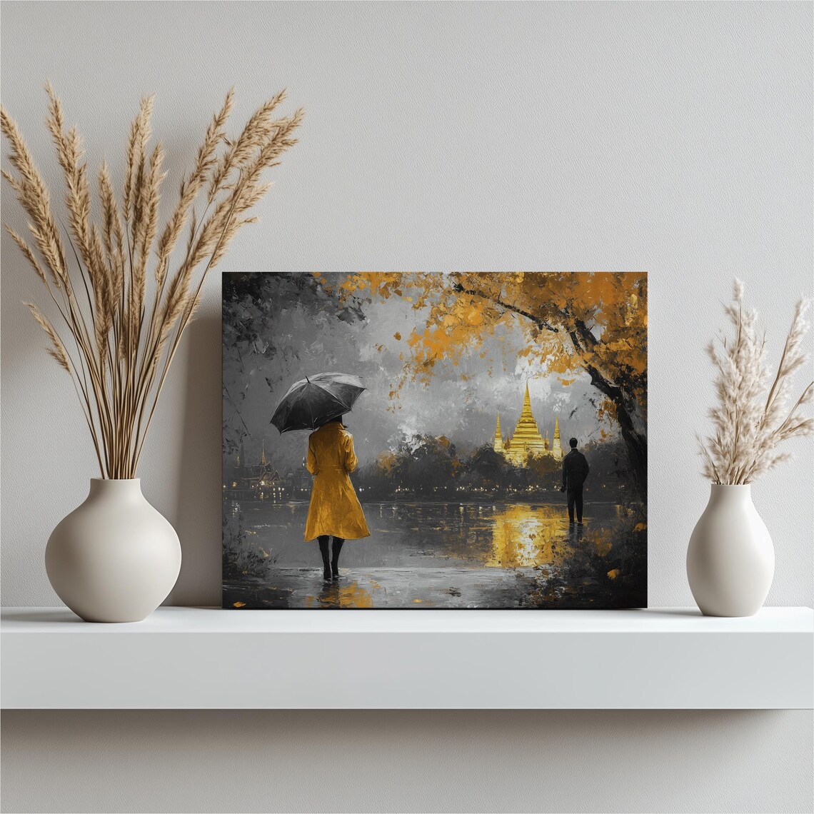 Yellow Raincoat Woman by Golden Spire Temple Rainy Evening Art Poster
