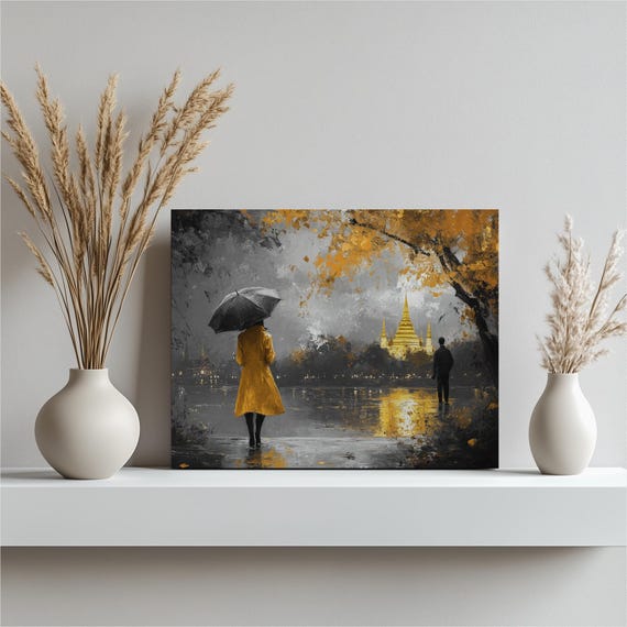 Autumn Canvas Wall Art Contemporary Fall Decor Featuring Golden Temple Reflective Water Landscape Painting For Living Room