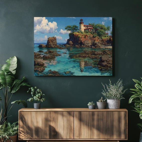 Tropical Lighthouse Canvas Wall Art Coastal Ocean Landscape Print Decor Painting Gift Nautical Turquoise Water Palm Trees Rocky Shore
