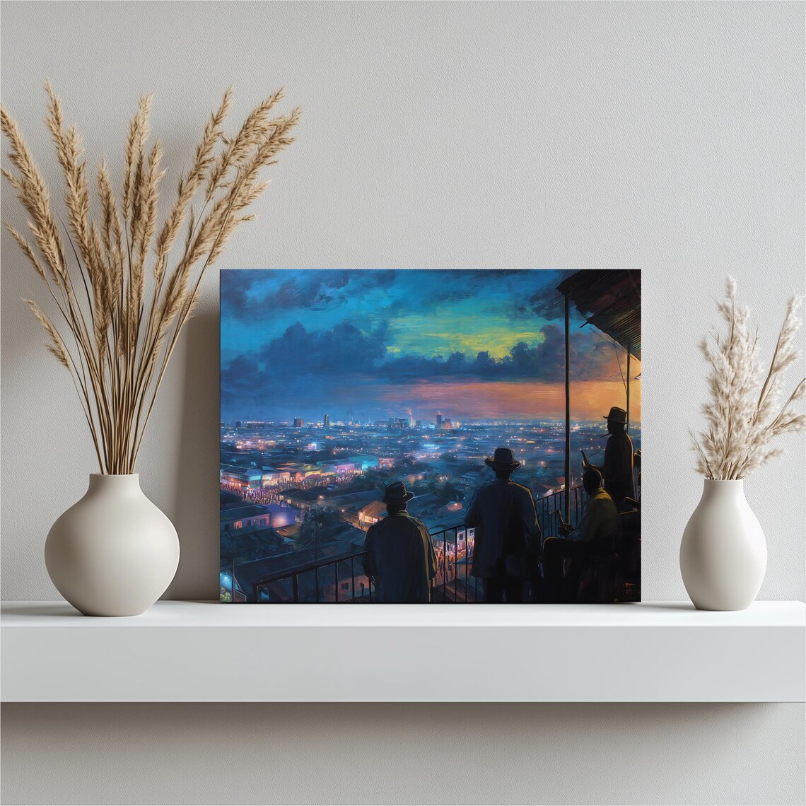 Sunset Terrace Overlook Glowing City Lights Twilight Cityscape Poster