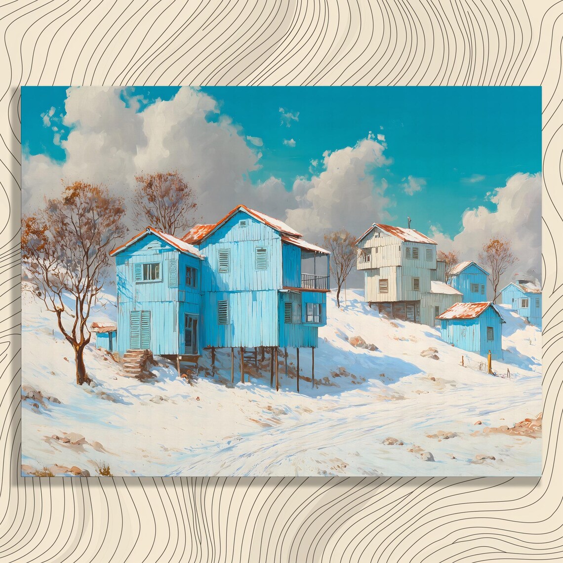 Blue Wooden Stilt Houses In Snow Winter Village Scene Painting Print