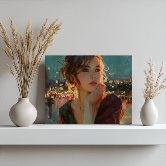 City Lights Portrait Canvas Wall Art Colorful Impressionist Woman Night Cityscape Print Modern Urban Decor Gift For Her Contemporary