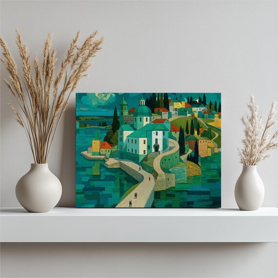 Mediterranean Seaside Village Canvas Wall Art Abstract Coastal Harbor Landscape Colorful Rooftops Cypress Turquoise Textured