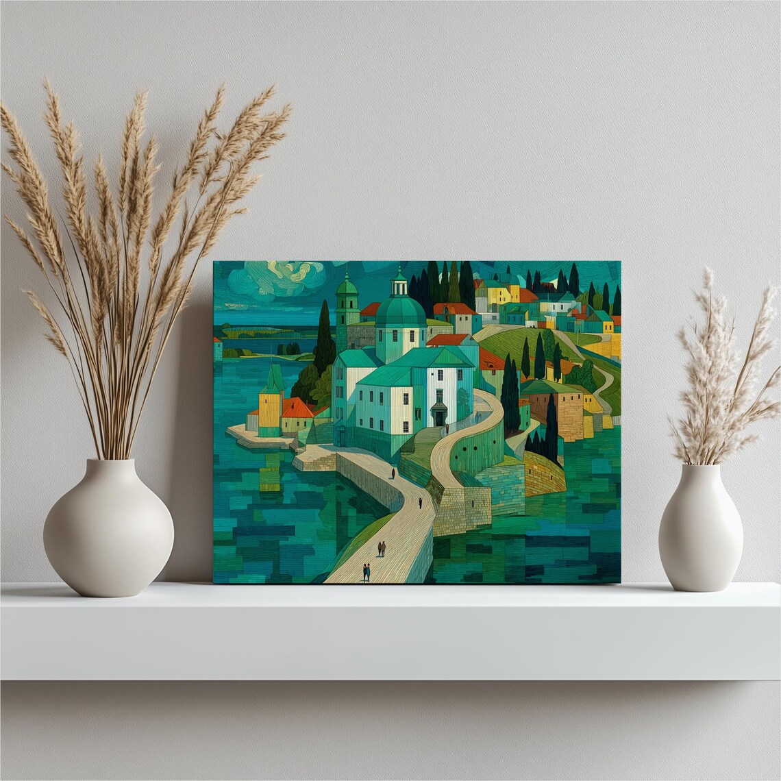Mediterranean Seaside Village Abstract Coastal Blocks Teal Wall Art
