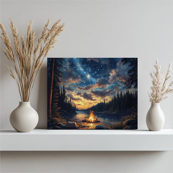 Camping Canvas Wall Art Cozy Campfire Scene Under Starry Sky Outdoor Adventure Decor Nature Landscape Print