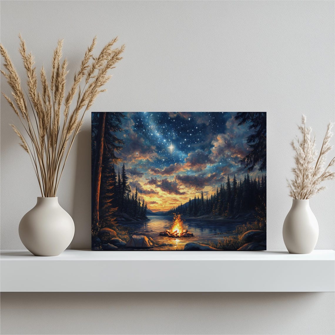 Camping Canvas Wall Art Cozy Campfire Scene Under Starry Sky Outdoor Adventure Decor Nature Landscape Print
