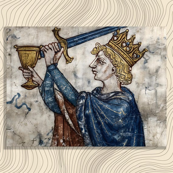 King Of Cups Canvas Wall Art Medieval Manuscript Illumination Gothic Decor Crown Painting Gold Chalice Sword Illustration Royalty