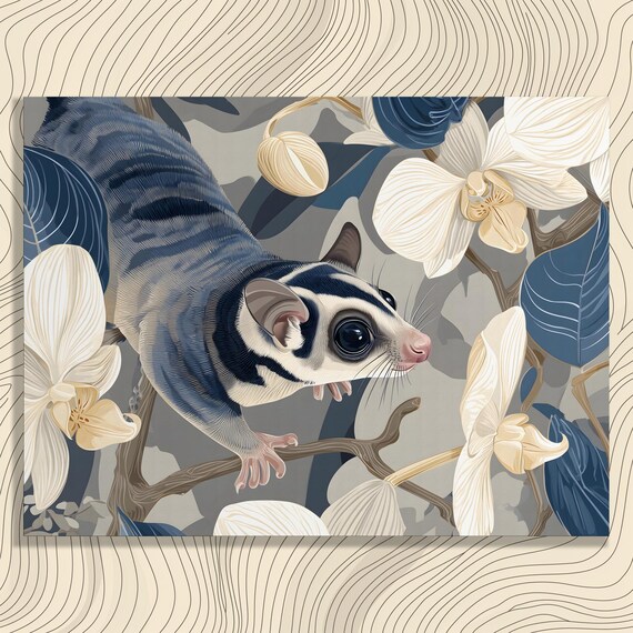 Sugar Glider among White Orchids Botanical Wildlife Art Poster