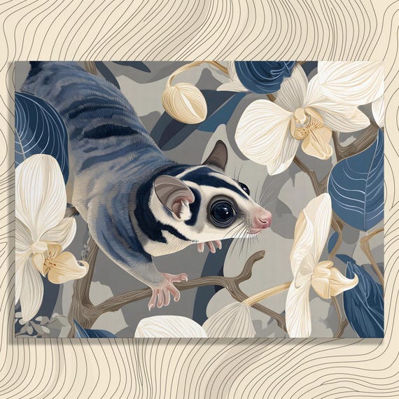 Sugar Glider Orchid Canvas Wall Art Modern Tropical Botanical Artwork Wildlife Floral Blue Accents Painting Nature Inspired