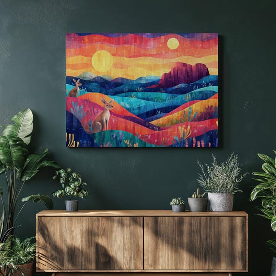 Vibrant Surreal Landscape Canvas Wall Art Stylized Hills Dual Suns Sunset With Rabbits Abstract Nature Artwork Boho Decor Print