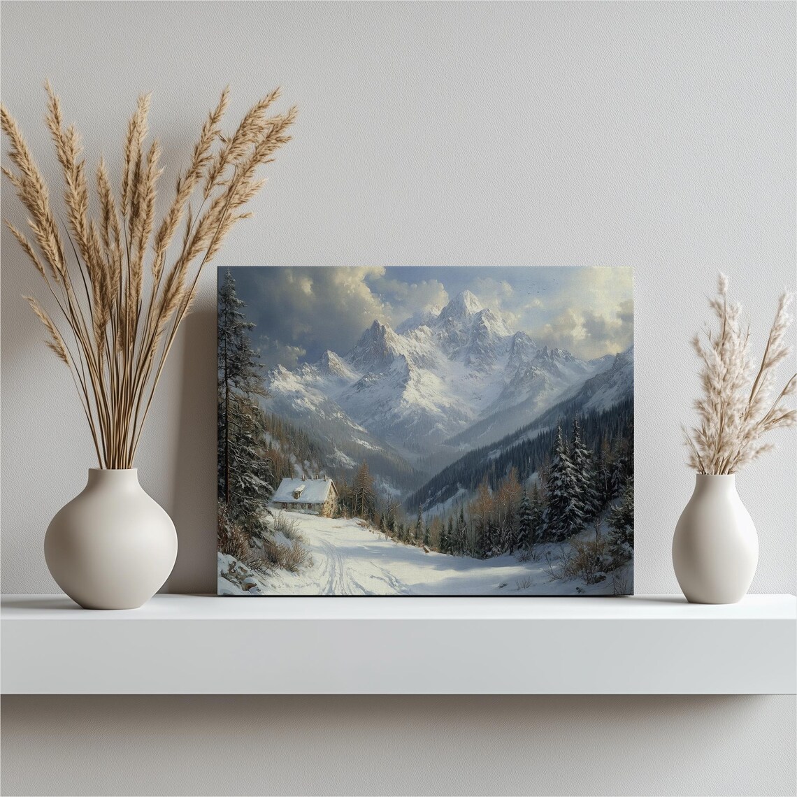 Snowy Alpine Mountain Cabin Winter Wonderland Oil Painting Poster