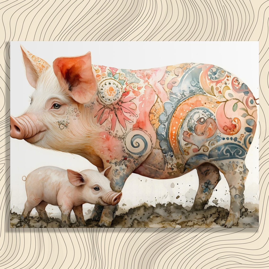 Pig And Piglet Floral Patterned Mother Watercolor Farm Animal Wall Art