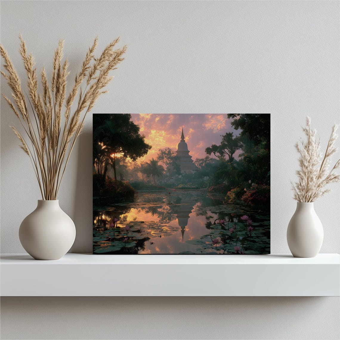 Asian Temple Stupa Reflected in a Lotus Pond at Sunset Canvas Wall Art