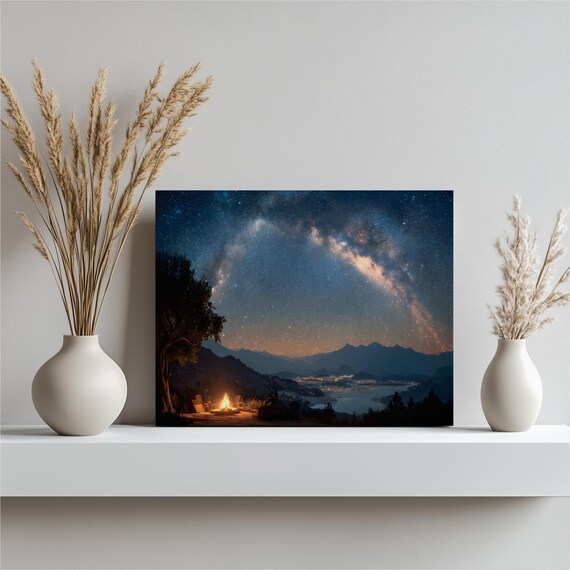 Milky Way Galaxy Night Sky Campfire Mountain Lake Canvas Poster