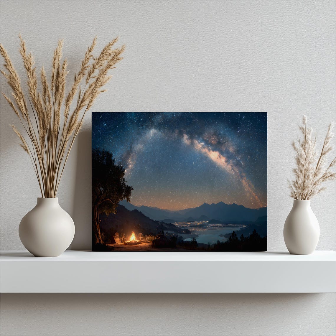 Milky Way Camping Canvas Wall Art Starry Night Sky Landscape Print With Cozy Campfire Scene Lake And Mountain Decor Rustic Outdoor
