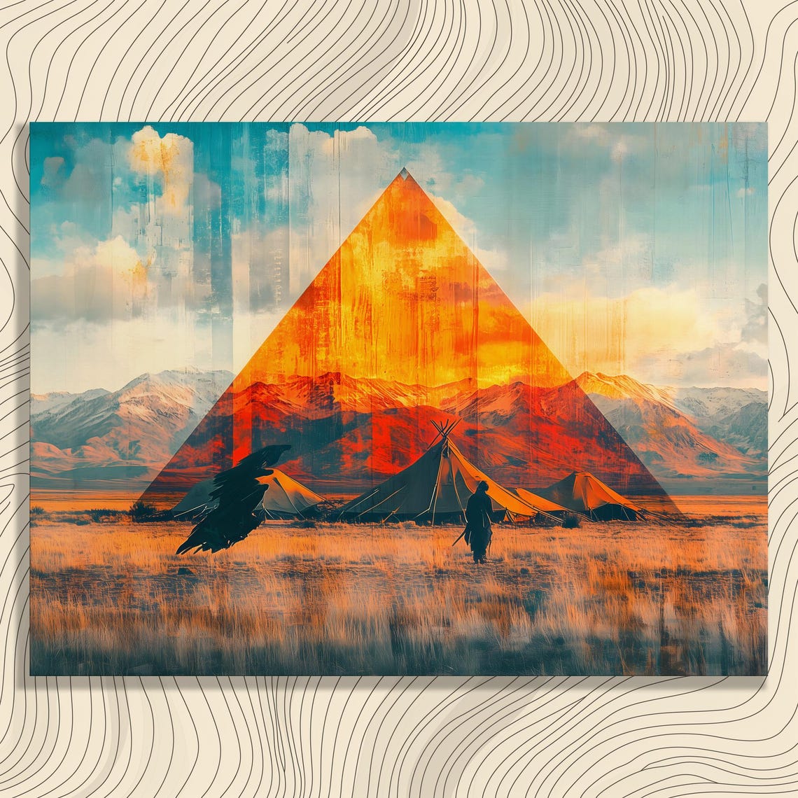 Surreal Desert Pyramid Teepee Tents Traveler Raven Art Poster