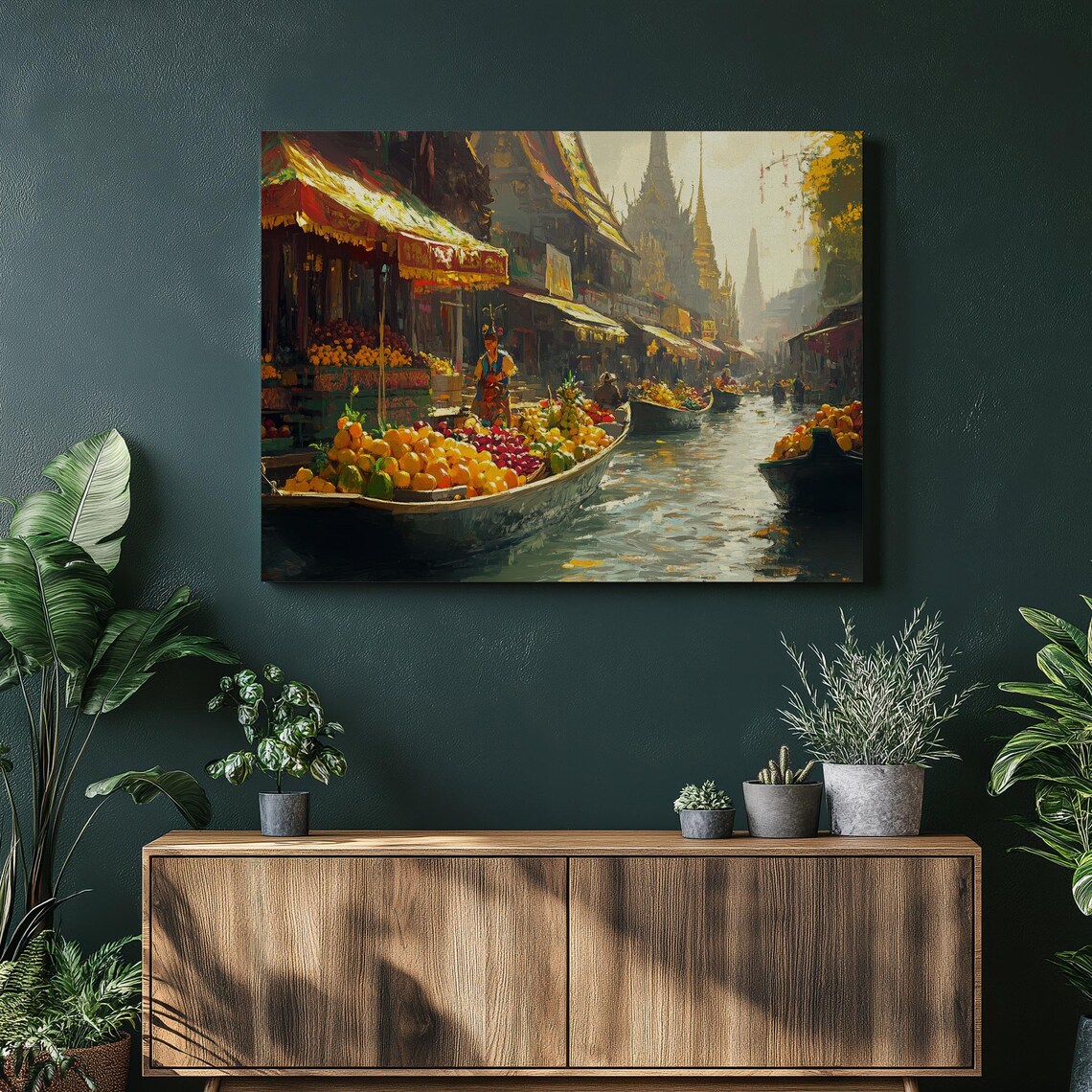 Canal Market Boats Fruit Golden Temple Waterway Painting Poster