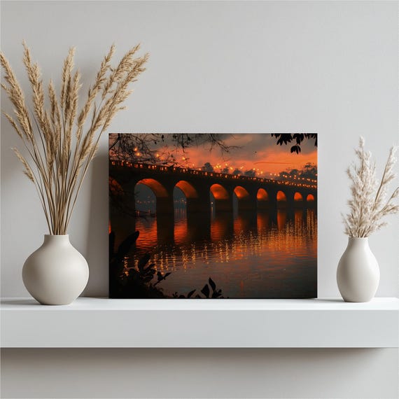 Glowing Arched Bridge Canvas Wall Art String Lights Dusk Water Reflection Calm Evening Sky Nature Decor Modern Sunset Artwork