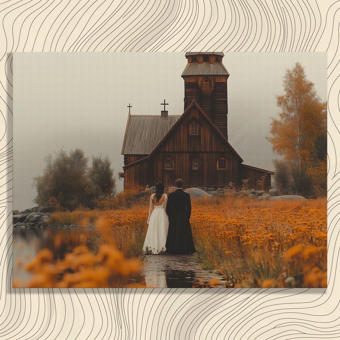 Bride Groom Autumn Church Rustic Wooden Chapel Wedding Poster