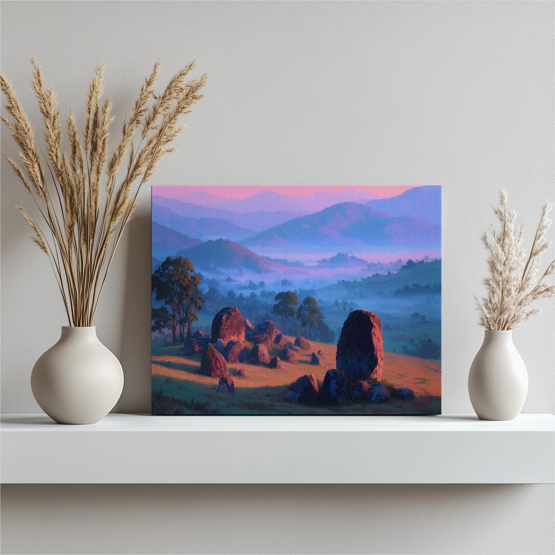 Pastel Misty Mountain Sunrise Rolling Hills Boulders Wall Art