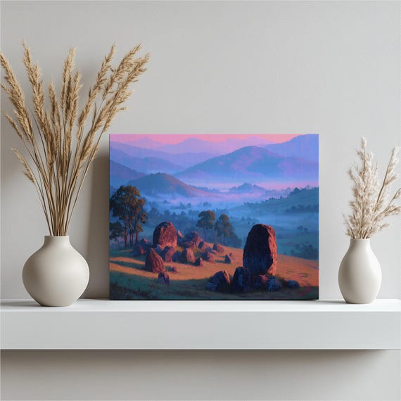 Pastel Mountain Landscape Canvas Wall Art Serene Misty Hillside Sunrise Print Nature Scenery Scenic Decor
