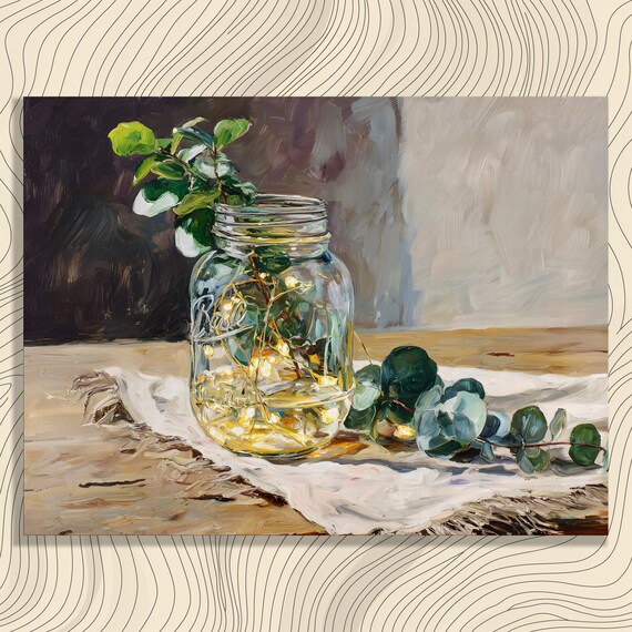 Mason Jar Fairy Lights Eucalyptus Rustic Still Life Art Poster