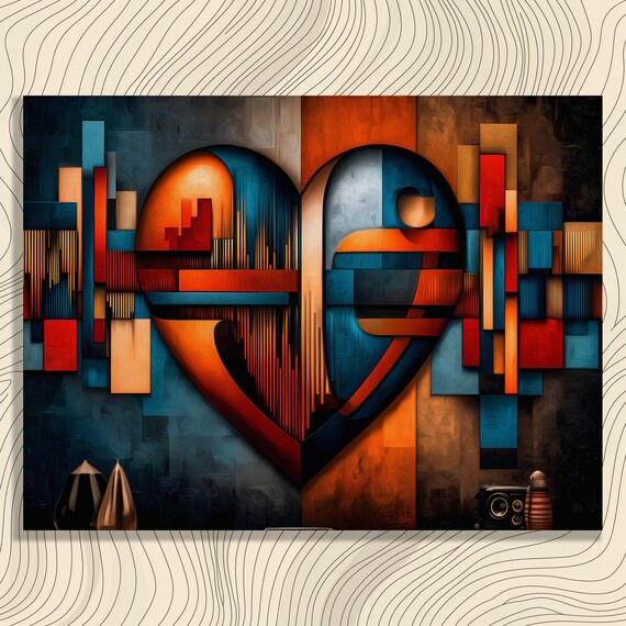 Abstract Heart Soundwave Canvas Wall Art Modern Geometric Color Blocking Blue Orange Print Music Decor Couples Gift Housewarming