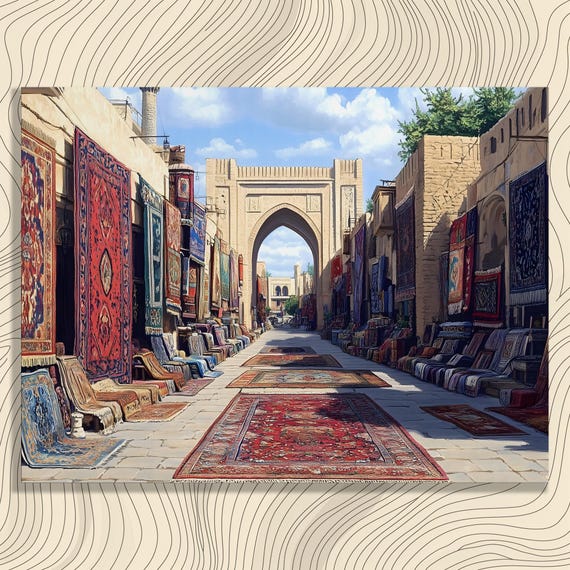 Vibrant Street Market Canvas Wall Art Colorful Vintage Bazaar Rug Print Oriental Carpet Decor Historic Travel Scene Illustration