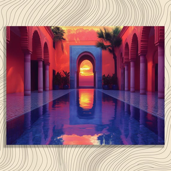 Moroccan Courtyard Canvas Wall Art Vibrant Sunset Reflection Pool Print With Palm Trees Mosaics Colorful Bohemian Architecture Decor