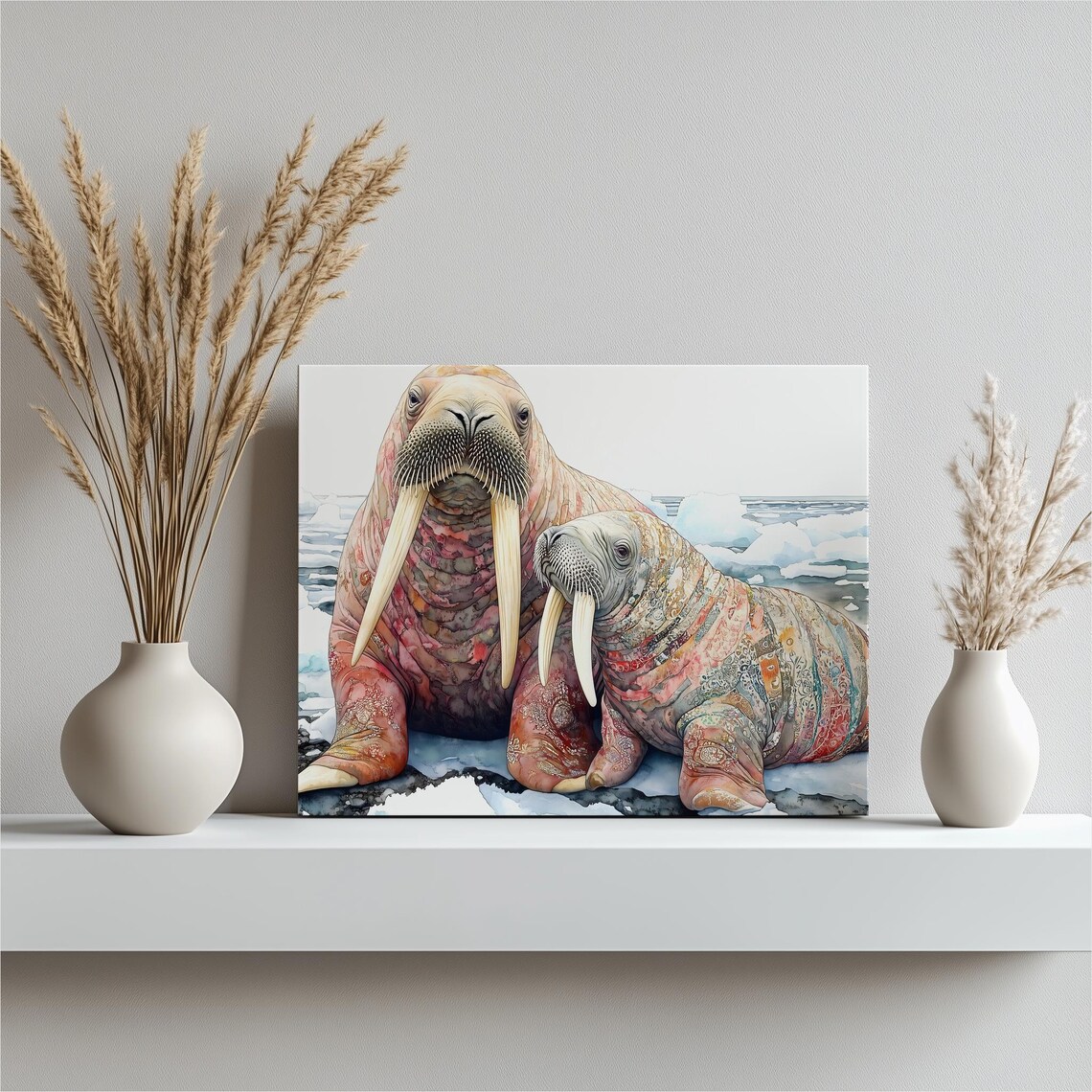 Walrus Mother And Calf Arctic Ice Watercolor Wildlife Art Poster