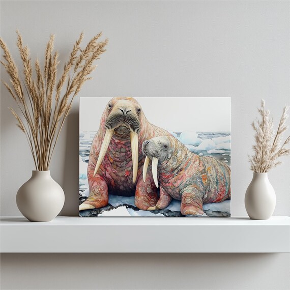 Walrus Mother And Calf Arctic Ice Watercolor Wildlife Art Poster