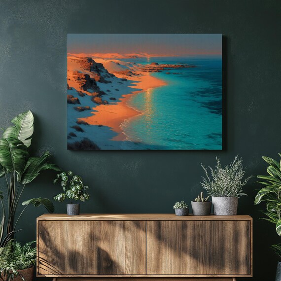 Sunset Beach with Golden Dunes and Turquoise Waves at Dusk Poster