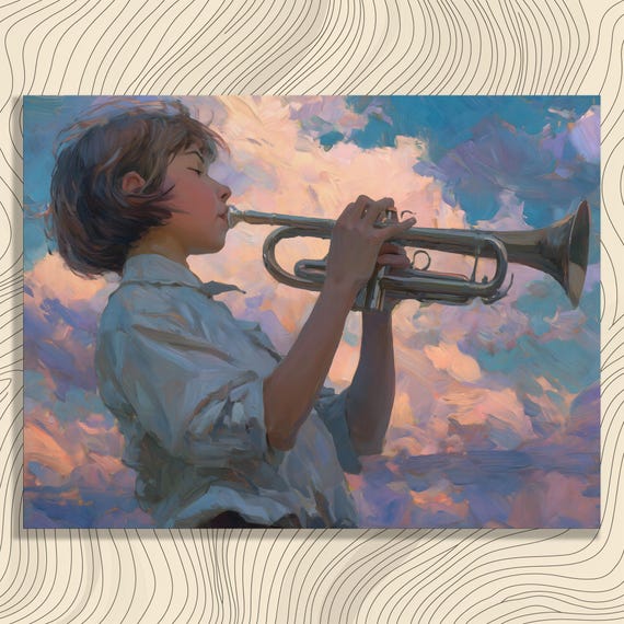 Trumpet Boy Canvas Wall Art Colorful Sunset Clouds Painting Print For Music Lovers Impressionist Brass Instrument Decor Pastel Sky Scene