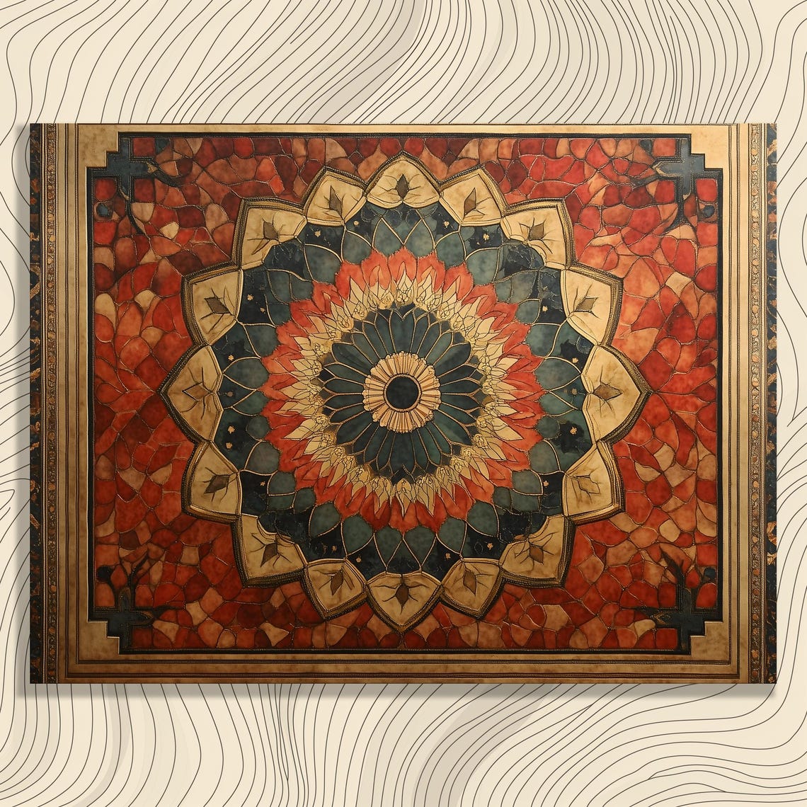 Mosaic Mandala Red Gold Sacred Geometry Ornamental Boho Art Poster