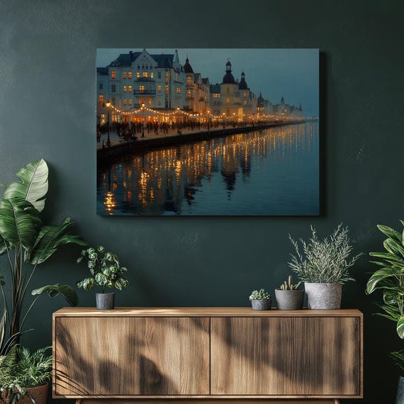 Urban Waterfront Night Canvas Wall Art European Harbor Promenade Fairy Lights Reflections Historic Buildings Cityscape Print