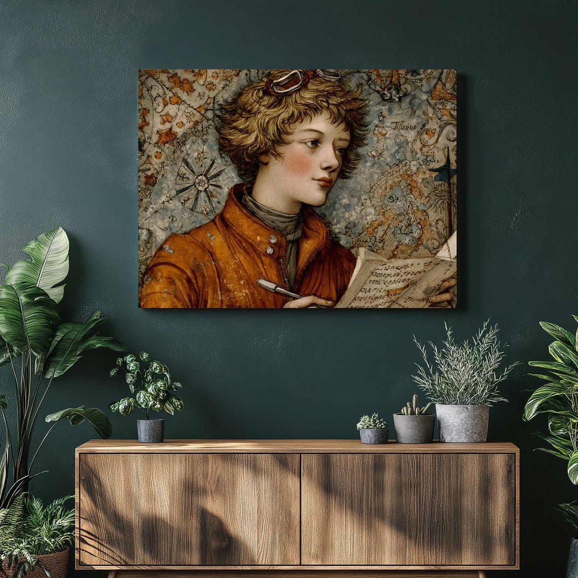 Young Explorer Painting an Old Map Vintage Style Portrait Wall Art