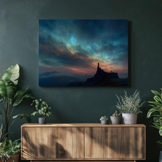 Colorful Sunrise Mountain Canvas Wall Art Surreal Swirling Sky With Hiker Silhouette On Rocky Spire Dawn Landscape Print Nature Decor