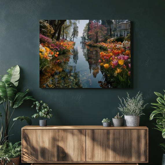 Italian Lakeside Canvas Wall Art Tulip Garden Lake Reflection Floral Photography Print Spring Blossom Botanical Decor