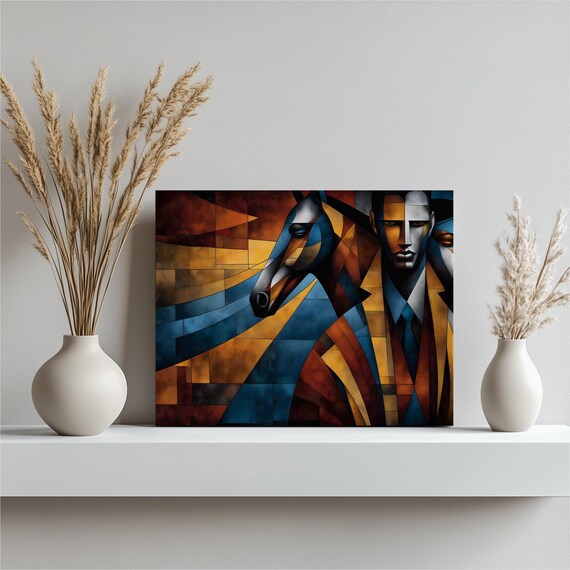 Abstract Cubist Horse Canvas Wall Art Geometric Shapes Blue Orange Couple Portrait Contemporary Modern Cubism Equestrian Design Bold Print