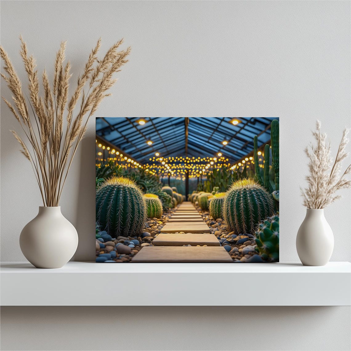 Greenhouse Cactus Garden Canvas Wall Art Glowing Succulent Pathway With String Lights Botanical Conservatory Decor Photography Print