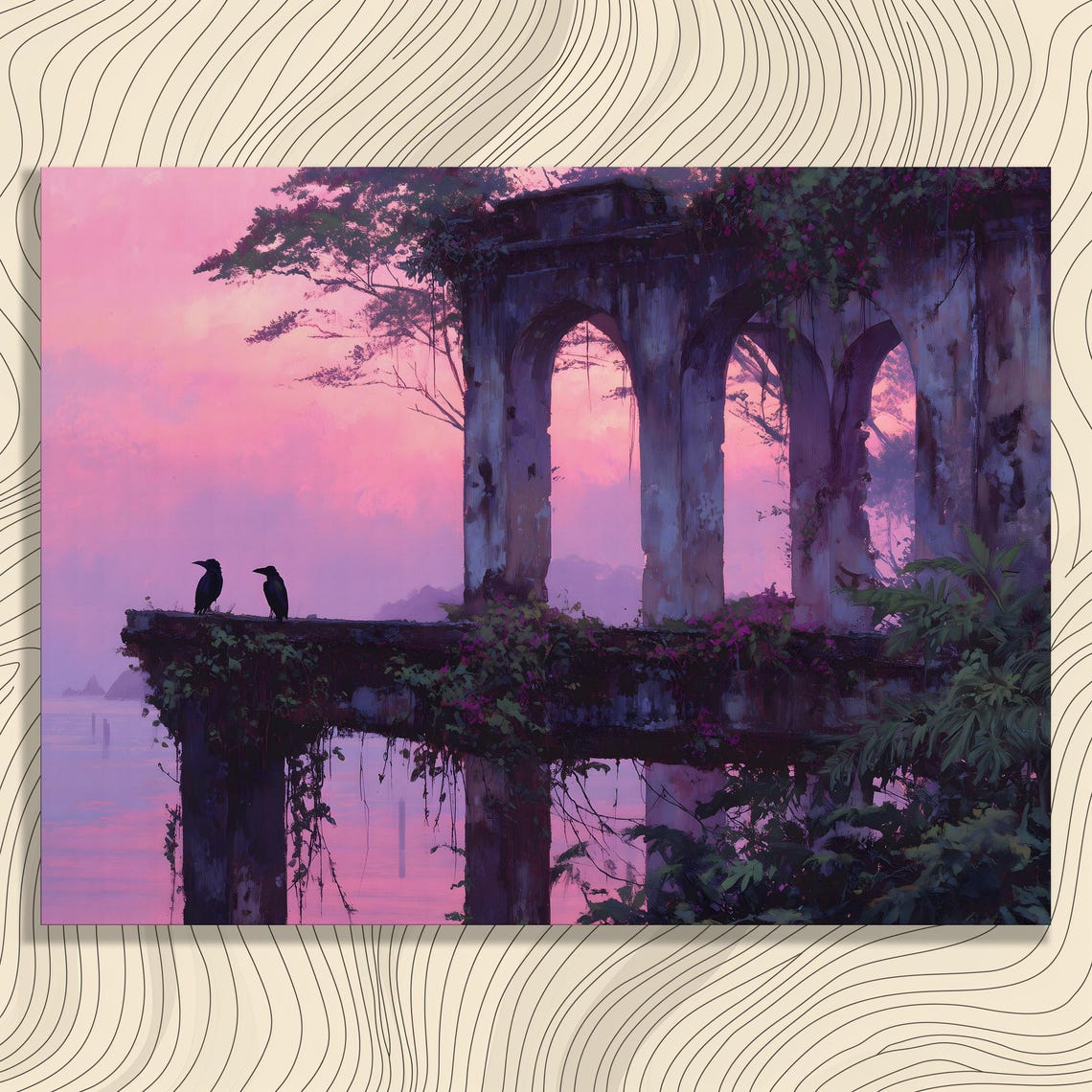 Dreamy Sunset Through Stone Archways Ocean Columns Palm Trees Wall Art