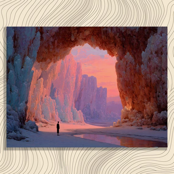 Ice Cave Sunset Canvas Wall Art Surreal Frozen Cavern Pastel Hues Traveler Silhouette Reflection Snowy Colorful Decor Landscape Print