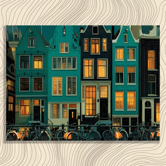Amsterdam Canal Houses Canvas Wall Art Night Cityscape With Bicycles Along Prinsengracht Dutch Gabled Facades Warm Window Glow Print
