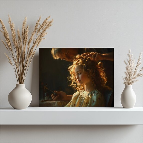 Golden Hour Young Girl Braiding Hair Tender Baroque Style Wall Art