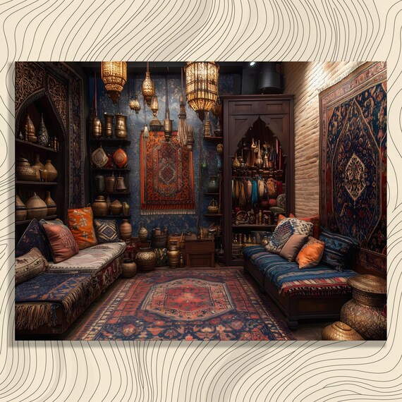 Vintage Boho Lounge Oriental Rugs Brass Lanterns Moroccan Style Poster