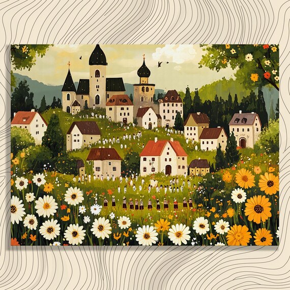Vintage European Village Wildflower Meadow Church Painting Art Print