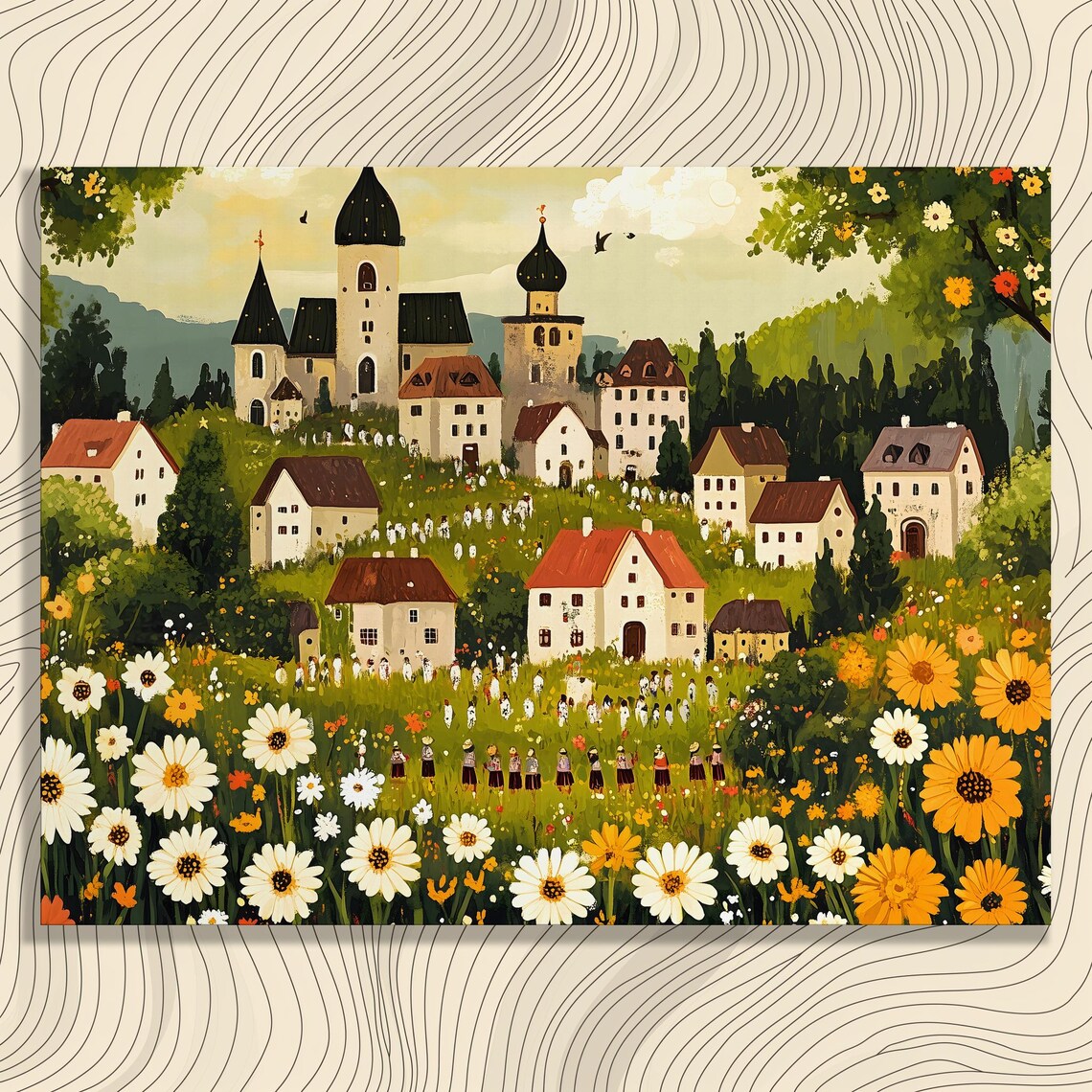 Vintage European Village Wildflower Meadow Church Painting Art Print